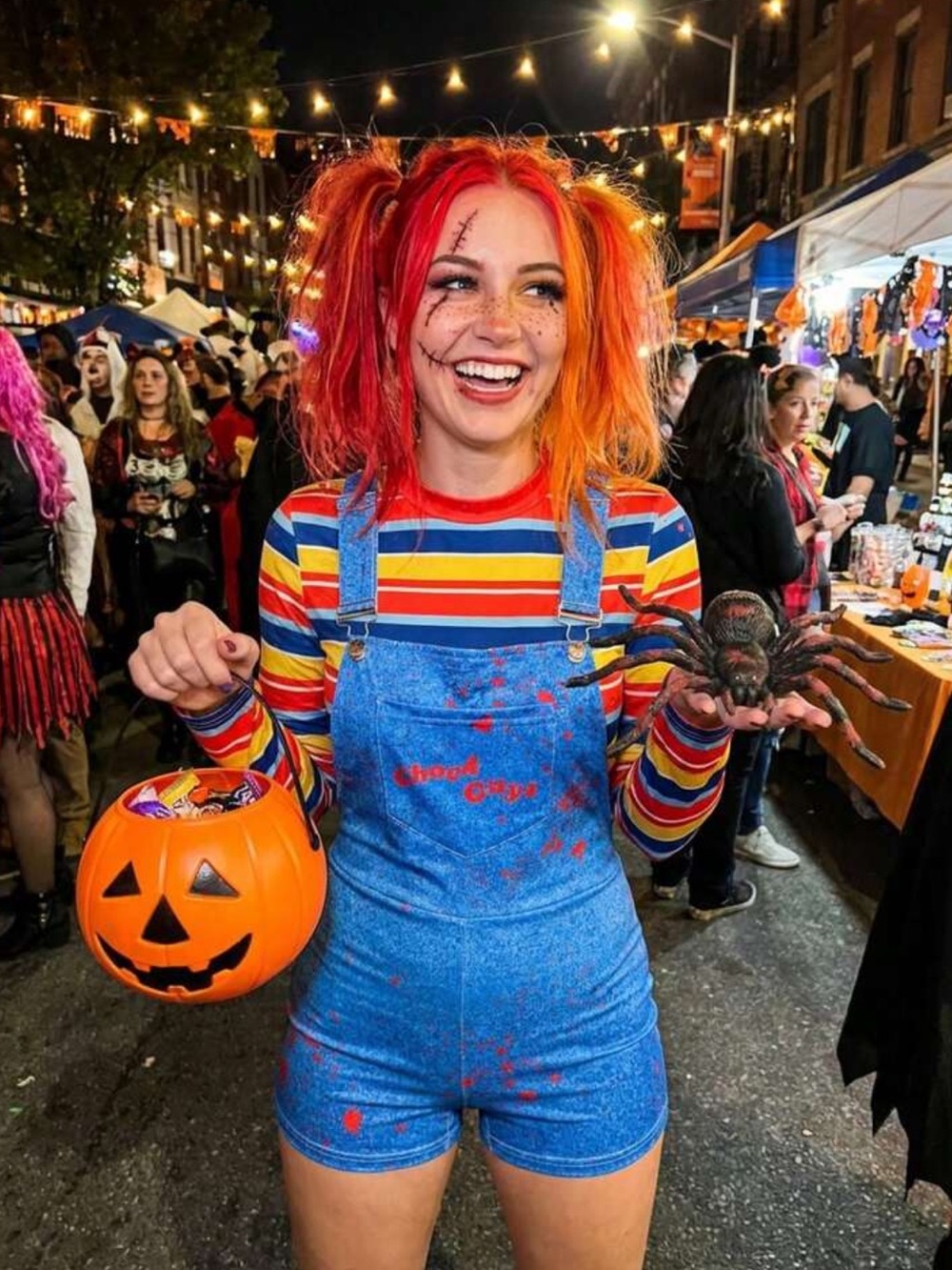 Women  Doll Halloween Costume Striped Long Sleeve Jumpsuit Wanna Play Print